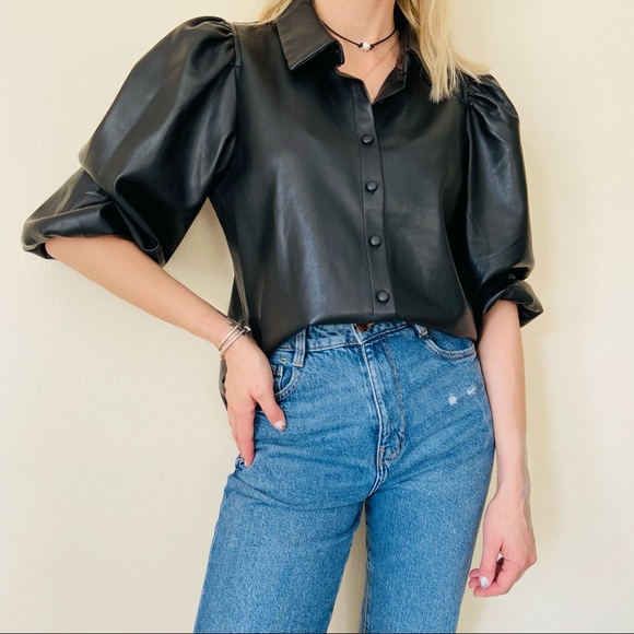 Andrew Marc Tops Andrew Marc Black Puff Sleeve Faux Leather Blouse